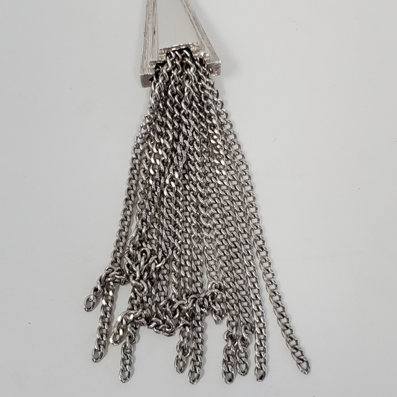 MONET SIGNED SILVER DOUBLE STRAND CHAIN NECKLACE FRINGE PENDANT JEWELRY COSTUME - Picture 10 of 12